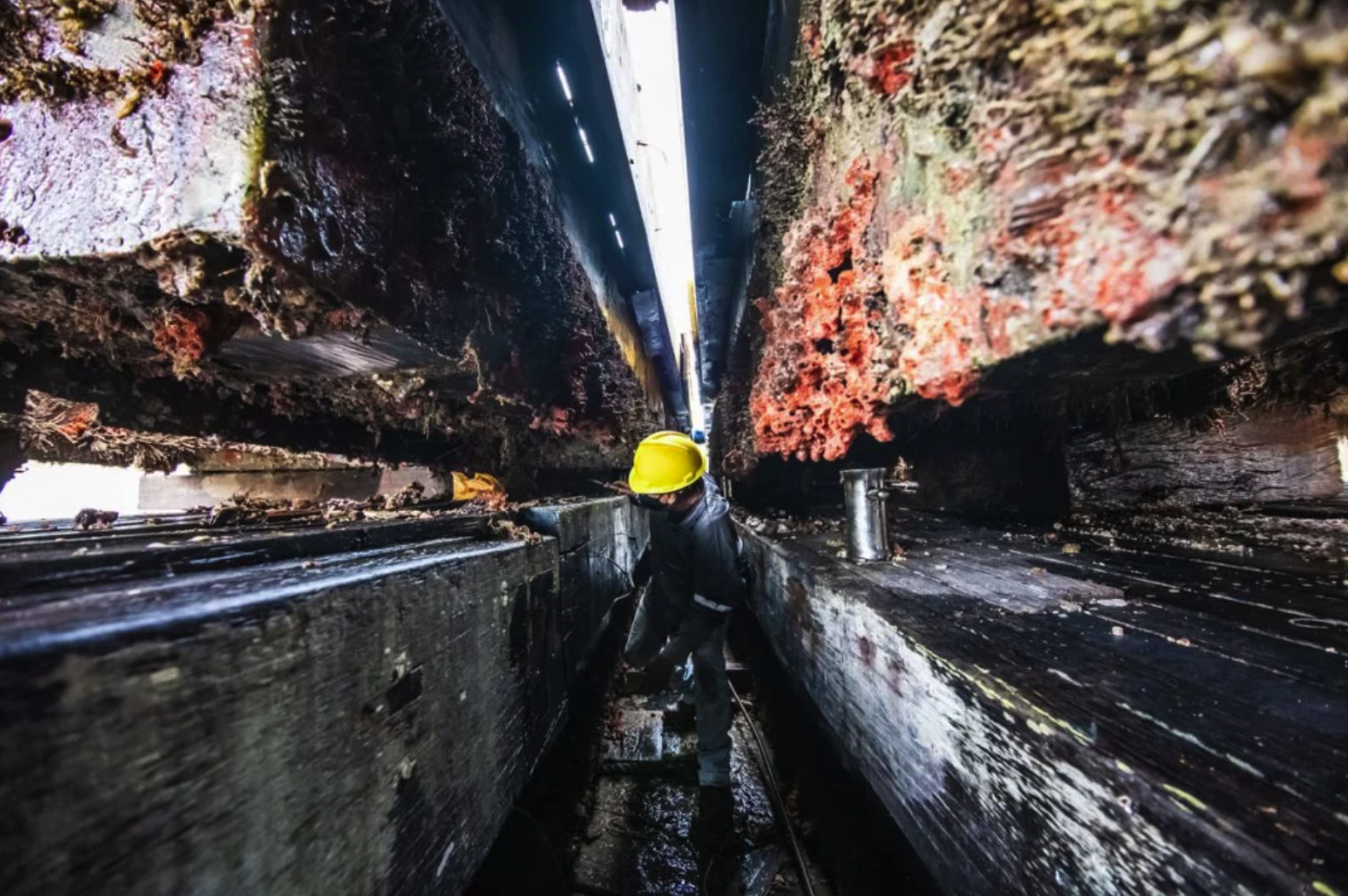 Inspeção de estrutura submersa com incrustação marinha